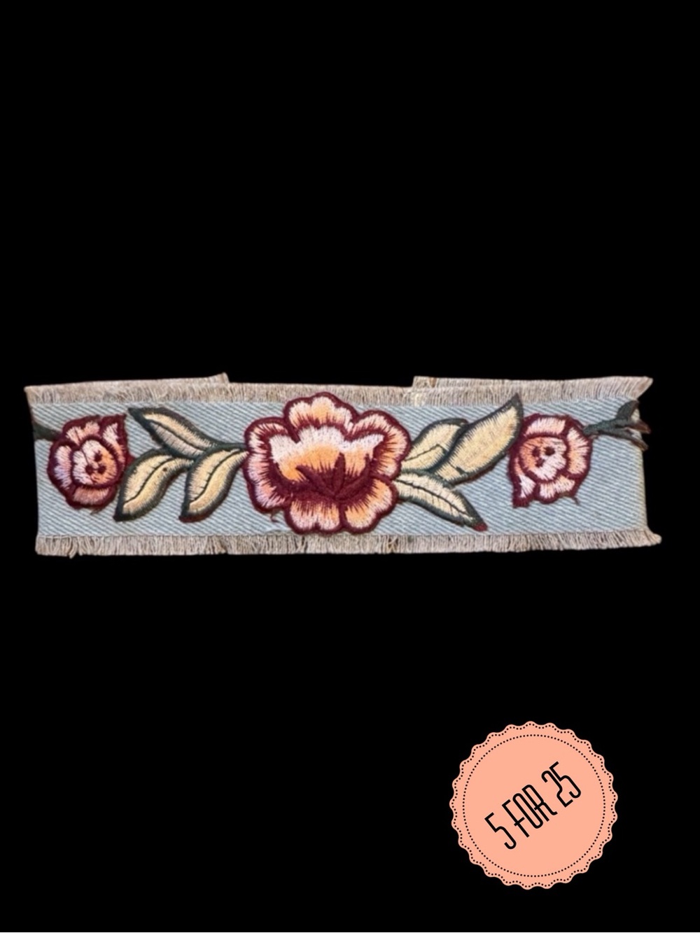 Boho Floral Embroidered Denim Choker Necklace 12” w/ Extender